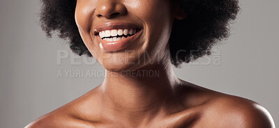 Buy stock photo Closeup, teeth and woman with skincare, dental care and smile against a grey studio background. Zoom, female person or model with oral hygiene, whitening and grooming with a laugh, wellness and happy