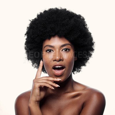 Buy stock photo Natural beauty, surprise and portrait of black woman with afro, cosmetics and dermatology on white background. Natural skin care, studio and African model with wow face, salon makeup and wellness.