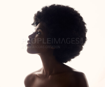Buy stock photo Hair, silhouette and profile of black woman with afro hairstyle, beauty and skincare on white background. Natural haircare, cosmetics and beautiful face of African model with glow and shine in studio