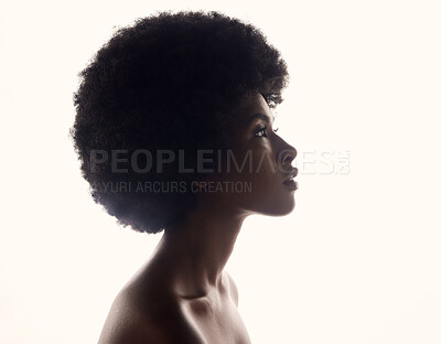Buy stock photo Hair care, silhouette and profile of black woman with afro hairstyle, beauty and skincare on grey background. Natural haircare, cosmetics and face of African model with skin glow and shine in studio.