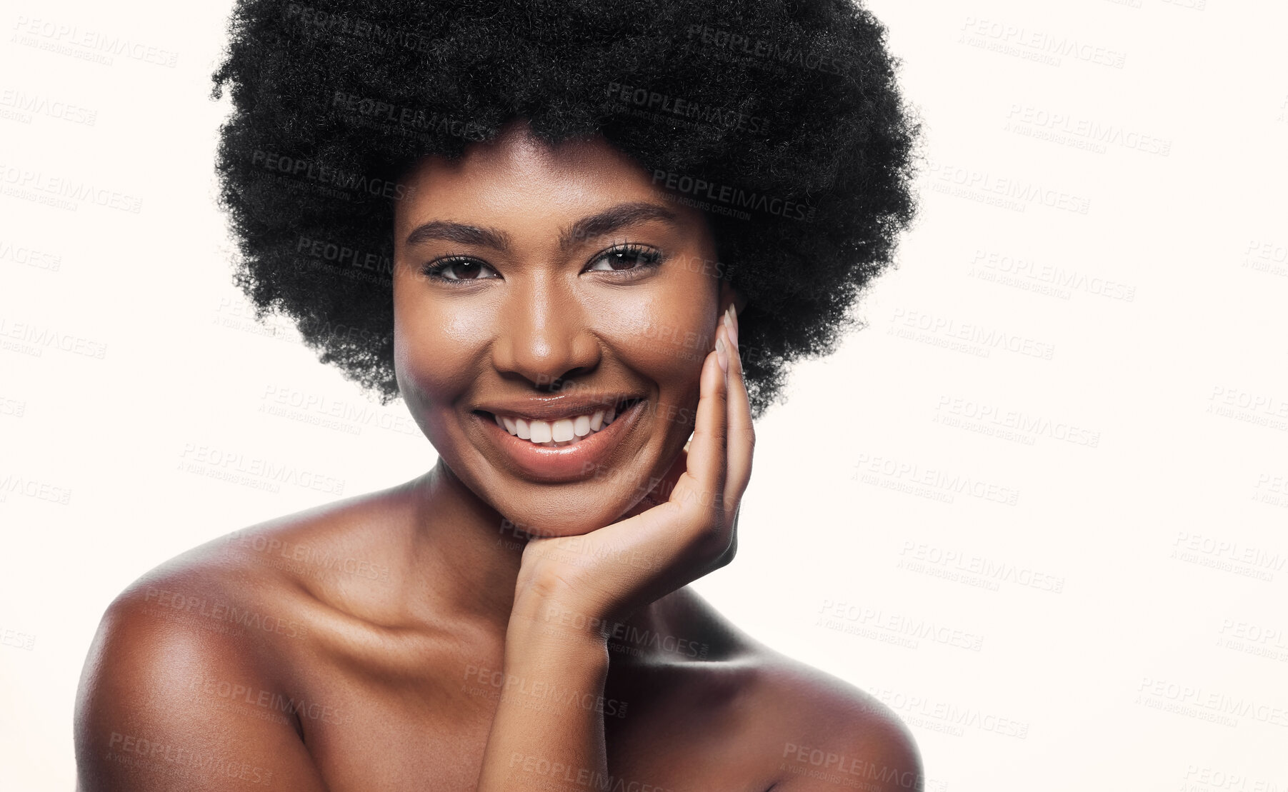 Buy stock photo African woman, skincare and studio portrait with smile, wellness and cosmetics by white background. Girl, model and happy for beauty, makeup and natural glow on skin for aesthetic, afro and health