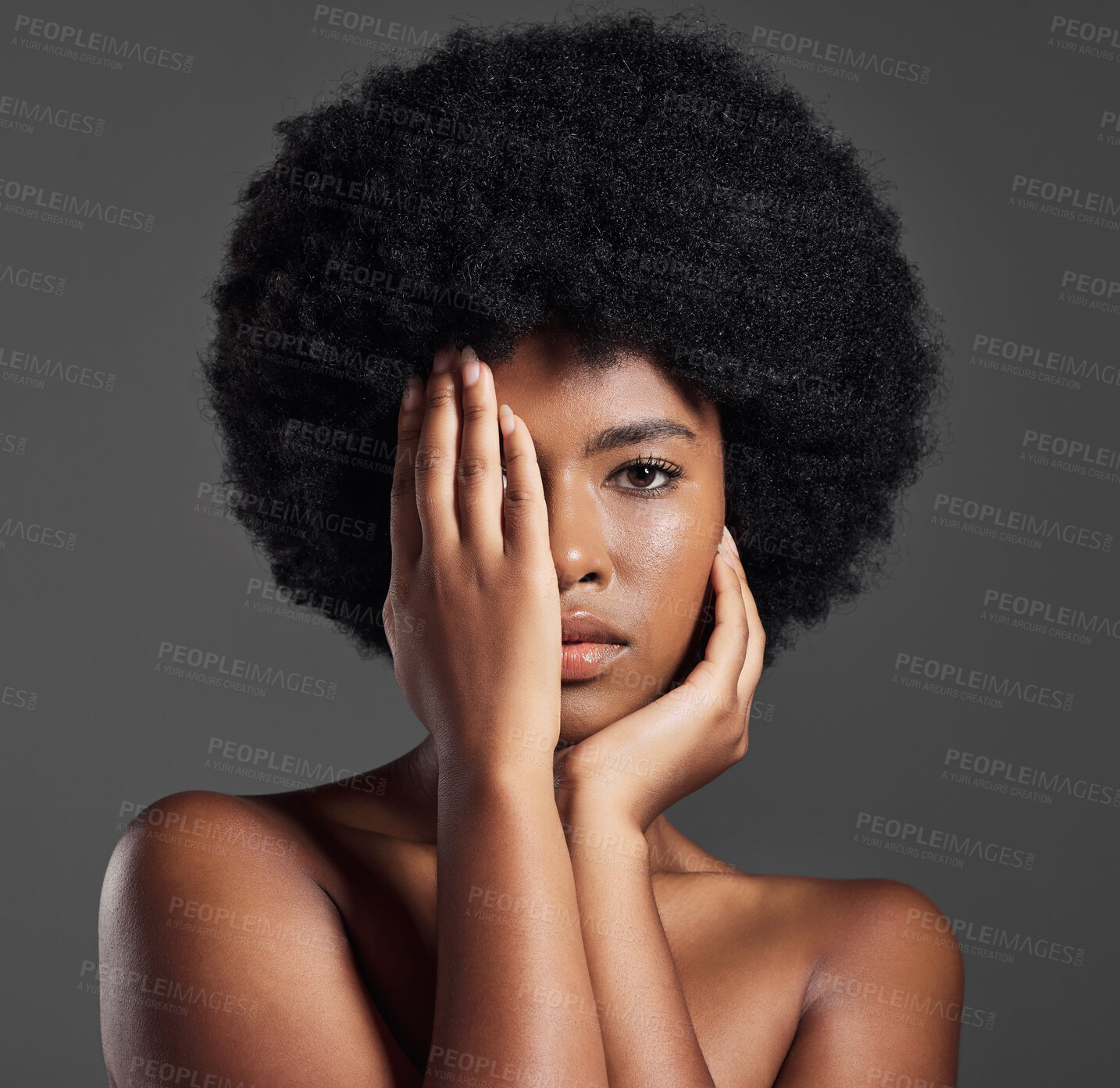 Buy stock photo Face, skincare and black woman cover with hand in studio isolated on a gray background. Natural cosmetics, serious portrait and African model with aesthetic, beauty and healthy skin in spa treatment.