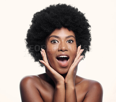 Buy stock photo Face, wow and skincare of black woman in studio isolated on a white background. Natural cosmetics, surprise portrait and African model shocked at transformation, aesthetic or beauty in spa treatment.
