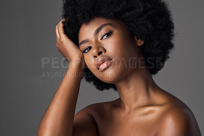 Buy stock photo African woman, beauty and studio portrait with afro, skincare and cosmetics by grey background. Girl, model and healthy with natural glow on skin with makeup, clean aesthetic and wellness for face