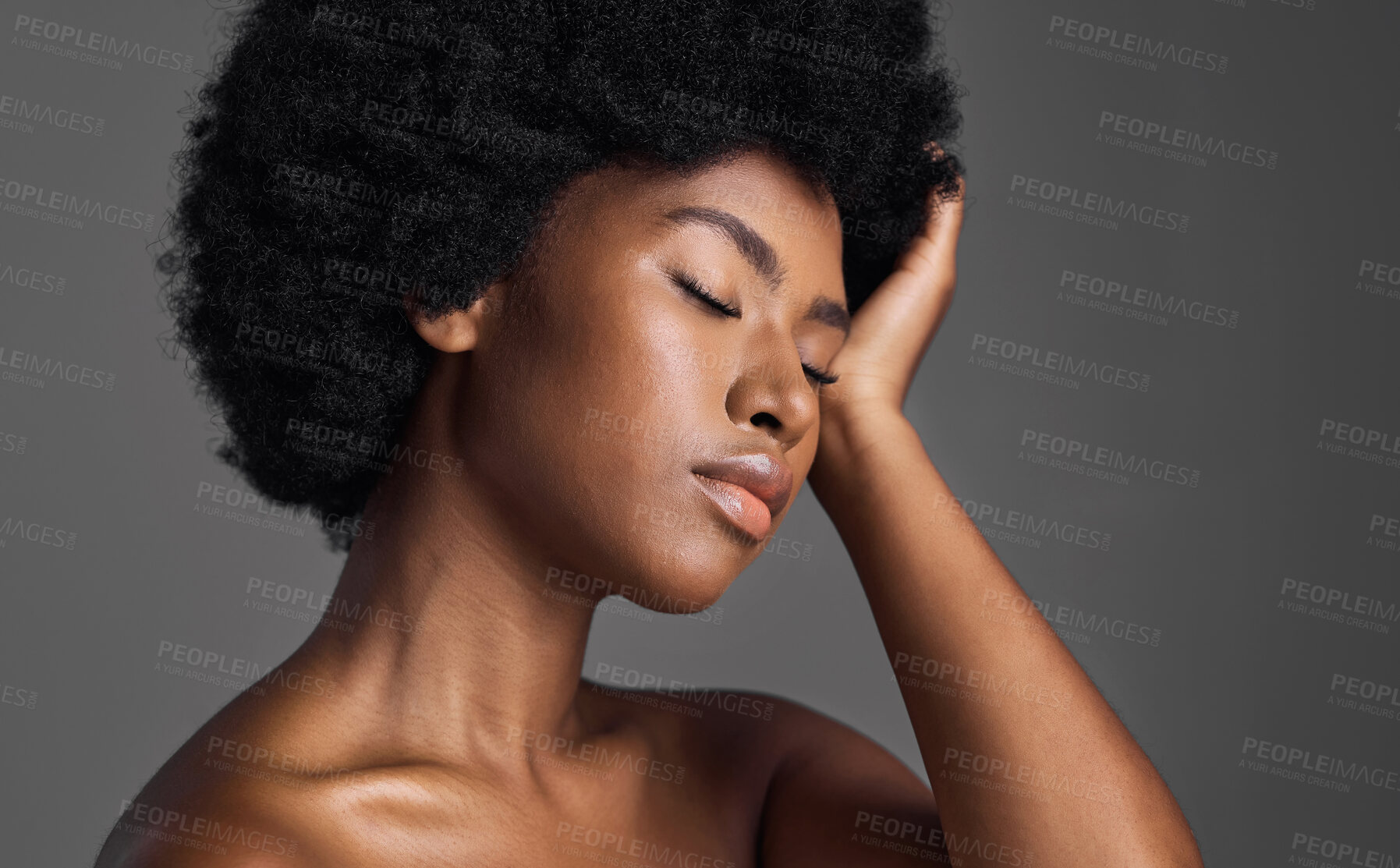 Buy stock photo Natural beauty, hair care and black woman with skincare, dermatology and confident girl on a grey studio background. Female person, luxury or model with makeup, cosmetics and aesthetics with grooming