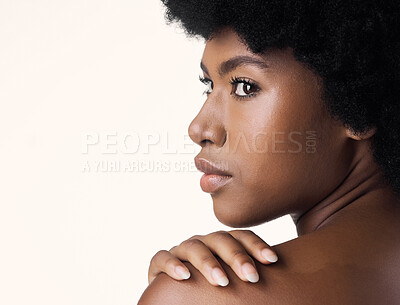Buy stock photo Black woman, back and skincare for beauty in studio isolated on a white background mockup space. Natural, cosmetics and African female model with spa treatment for aesthetic, wellness or skin health