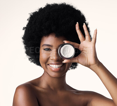 Buy stock photo Black woman, cream and beauty, smile on face with cosmetics product and skincare on white background. Natural, afro hairstyle and African female model, dermatology with lotion and facial moisturizer