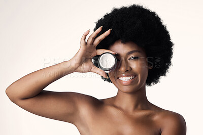 Buy stock photo Portrait, black woman with cream and natural beauty, cosmetics product and skincare on white background. Dermatology, afro hairstyle and African female model with lotion and facial moisturizer