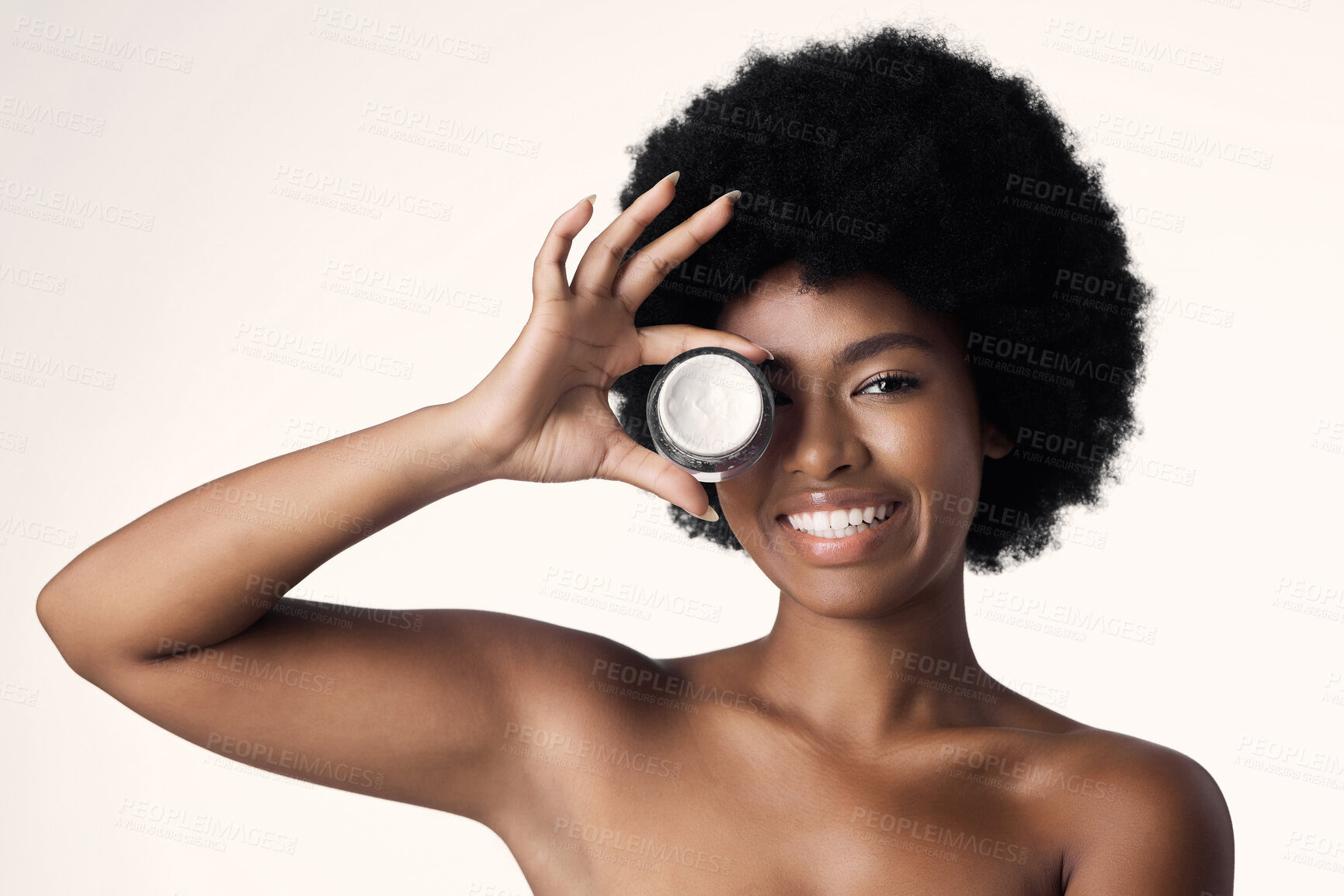 Buy stock photo Portrait, black woman with cream and natural beauty, cosmetics product and skincare on white background. Dermatology, afro hairstyle and African female model with lotion and facial moisturizer