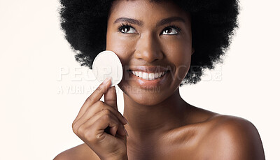 Buy stock photo Black woman, cotton pad and facial with beauty, natural cosmetics and skincare on white background. Clean makeup from face, wellness and skin glow, African female model with smile and dermatology