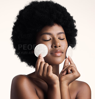 Buy stock photo Black woman, cotton pad and beauty, eyes closed with skincare and natural cosmetics on white background. Clean makeup from face, wellness and skin, African female model with glow and dermatology