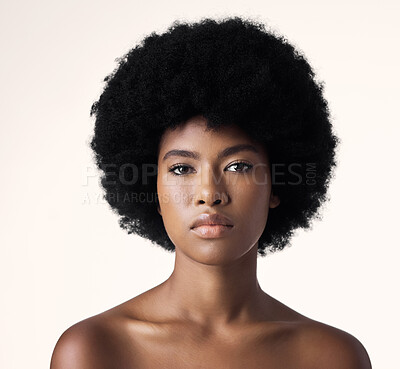 Buy stock photo Beauty, skin care and portrait of black woman with afro, cosmetics and dermatology on white background. Natural skincare, studio and African model with serious face, salon makeup glow and wellness.