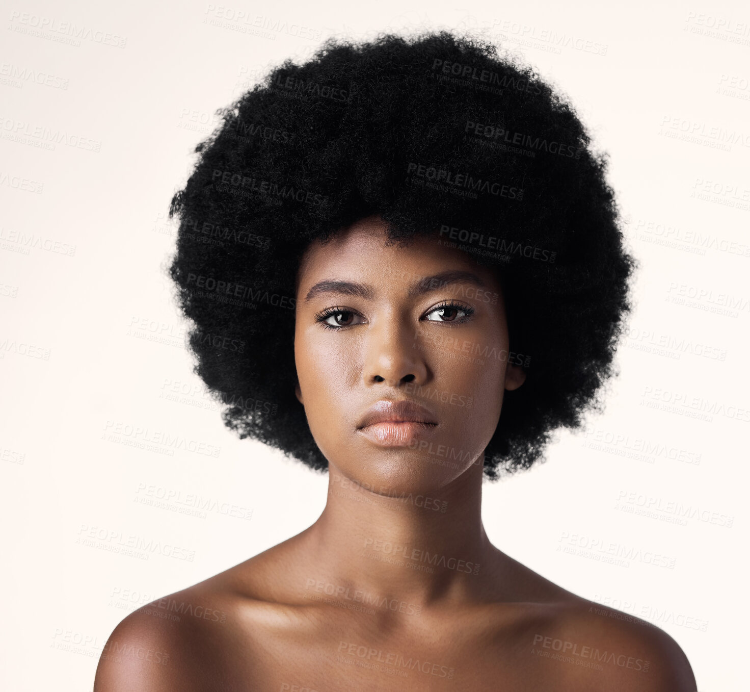 Buy stock photo Beauty, skin care and portrait of black woman with afro, cosmetics and dermatology on white background. Natural skincare, studio and African model with serious face, salon makeup glow and wellness.