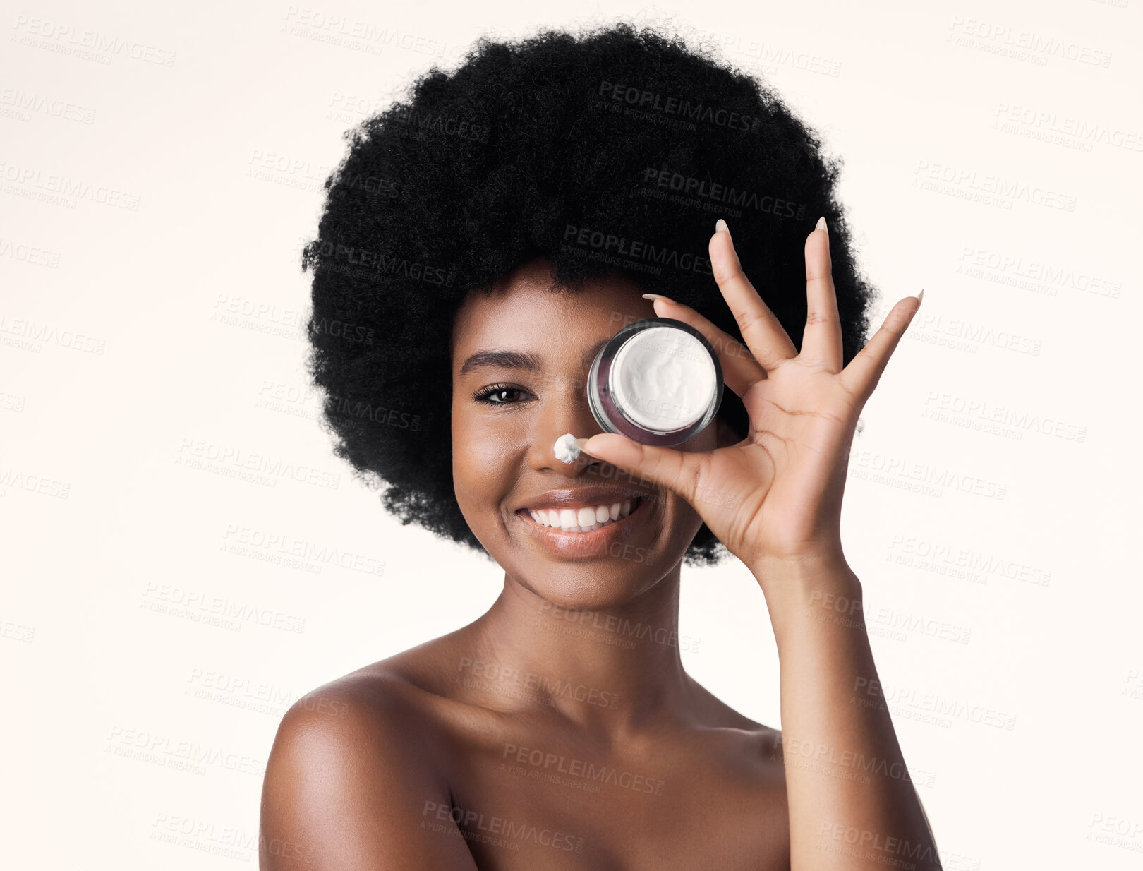 Buy stock photo Portrait, black woman with cream and skincare, beauty and natural cosmetics product isolated on white background. Dermatology, afro hairstyle and African female model, lotion and facial moisturizer