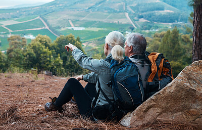 Buy stock photo Mountains, retirement and hiking, old couple pointing at mountains in view on nature walk in Peru. Travel, senior man and woman relax on mountain cliff, hike with love and health on holiday adventure