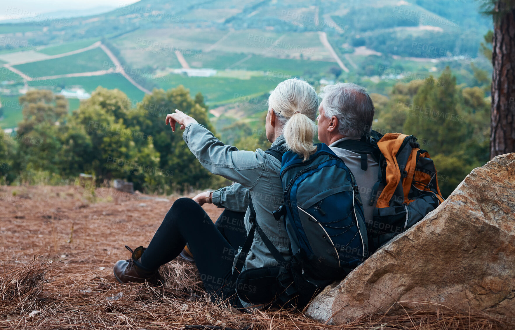 Buy stock photo Mountains, retirement and hiking, old couple pointing at mountains in view on nature walk in Peru. Travel, senior man and woman relax on mountain cliff, hike with love and health on holiday adventure