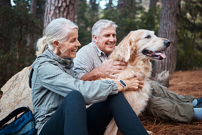 Buy stock photo Senior couple, hiking and dog outdoor in nature for exercise, fitness and trekking for health and wellness. Old man, woman and golden retriever pet on hike in forest for workout, cardio and happiness