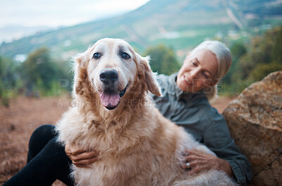 Buy stock photo Elderly woman, hiking with dog in forest and adventure, fitness with travel and pet with love and care. Nature, trekking and vitality, mature female in retirement and golden retriever puppy outdoor