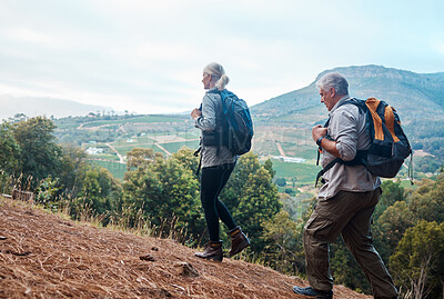 Buy stock photo Mountains, retirement and hiking, mature couple on fitness nature walk with mountain in view in Peru. Travel, senior man and woman exercise on cliff, hike with love and health on holiday adventure.