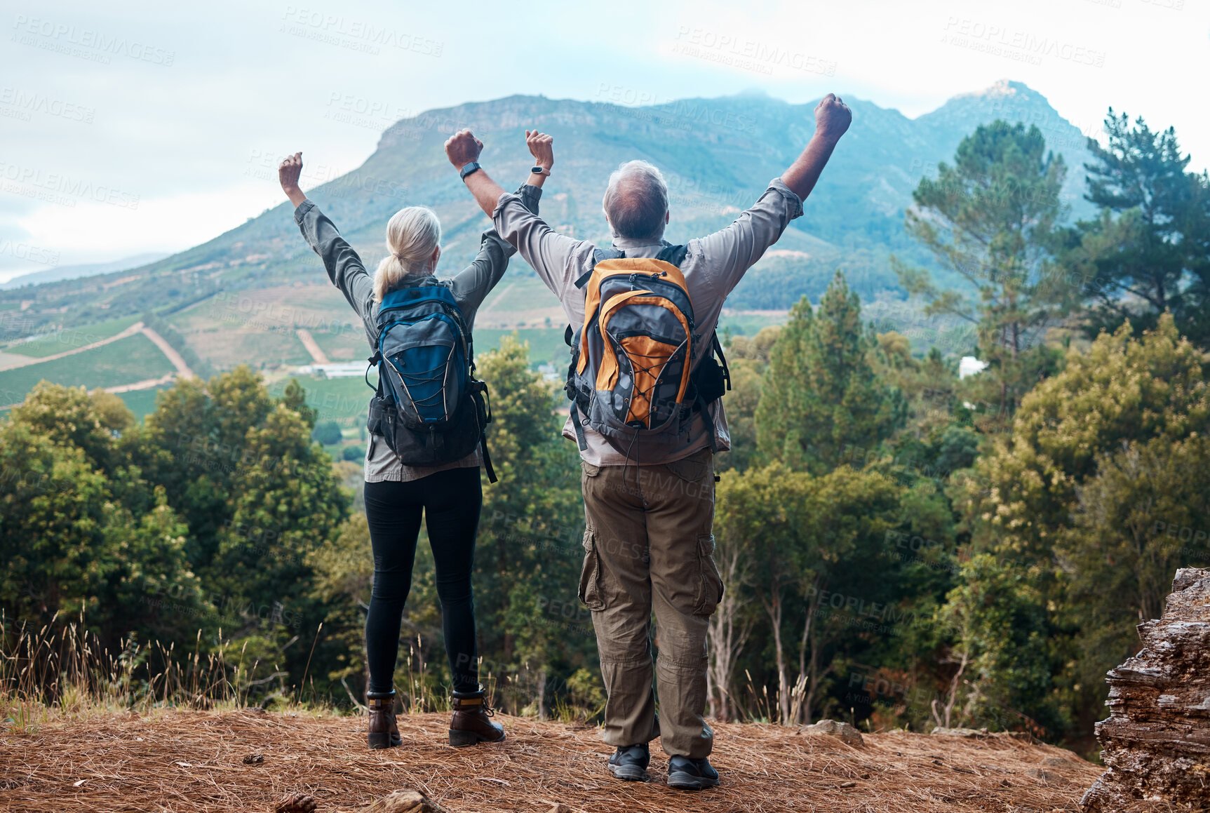 Buy stock photo Hiking, mature couple and arms raised on cliff from back on nature walk and mountain in view in Peru. Travel, senior man and woman celebrate forest hike with love and achievement on holiday adventure