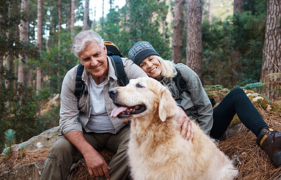 Buy stock photo Nature, hike and senior couple with their dog in the woods for a wellness cardio exercise. Happy, travel and elderly man and woman hikers in retirement hiking with their pet in a forest in Australia.