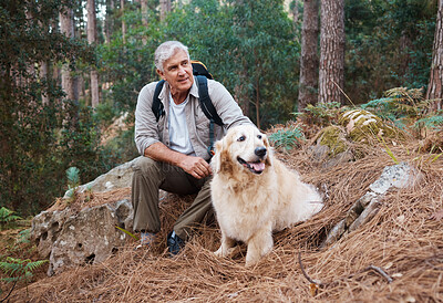 Buy stock photo Adventure, hiking and old man with his dog, pet or animal in the winter forest for exercise, workout or fitness. Trekking, travel and elderly or senior male relax in the woods with a puppy on holiday