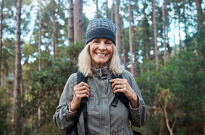 Buy stock photo Happy, hiking and portrait of old woman in nature for relax, trekking and adventure. Travel, wellness and vacation with female walking in forest for retirement, backpacking and cardio endurance