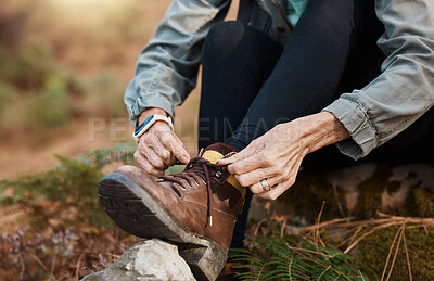 Buy stock photo Closeup, hands and tie shoes for walking, hiking and workout for healthy lifestyle, wellness and cardio. Person, hiker and tying shoelace for fitness, training and travel for adventure and fresh air