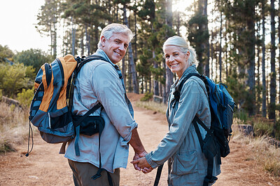 Buy stock photo Love, hiking and portrait of old couple holding hands on nature walk in mountain forest in Canada. Travel, senior man and woman on hike with smile on face and health on retirement holiday adventure.