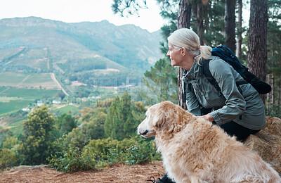 Buy stock photo Woman, hiking and dog outdoor in nature for exercise, fitness and trekking for health and wellness. Senior woman with pet animal on hike and thinking in forest about workout, cardio and happiness