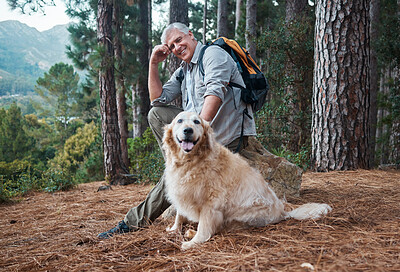 Buy stock photo Man, hiking and happy dog outdoor in nature for exercise, fitness and trekking for health and wellness. Senior male and pet animal portrait on hike in forest for workout and cardio with backpack