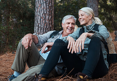 Buy stock photo Nature, smile and hiking, old couple on floor in forest in South Africa on retirement holiday adventure. Travel, senior man and woman relax together on outdoor walk with love, happiness and health.