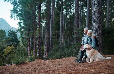 Buy stock photo Forest, relax and hiking, old couple with dog on nature walk and mountain view in Peru. Travel, senior man and woman rest on cliff with love, Labrador pet and health on retirement holiday adventure.