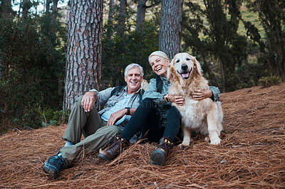 Buy stock photo Smile, hiking and old couple with dog sitting on forest floor in Australia on retirement holiday adventure. Travel, senior man and woman relax together on nature walk with love, Labrador and health.