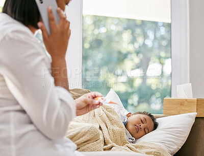 Buy stock photo Phone call, sick and child in bedroom for healthcare, headache or flu and sleep with mom in home. Thermometer, woman and technology for support and monitor temperature for wellness or problem