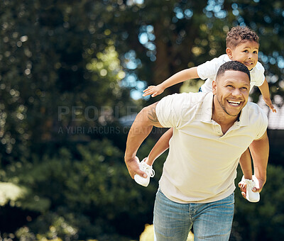 Buy stock photo Father, son and piggyback fun in outdoor, adventure and play in nature for bonding or energy. Daddy, boy and plane game or flying together in backyard, family and carrying kid for happiness in park 