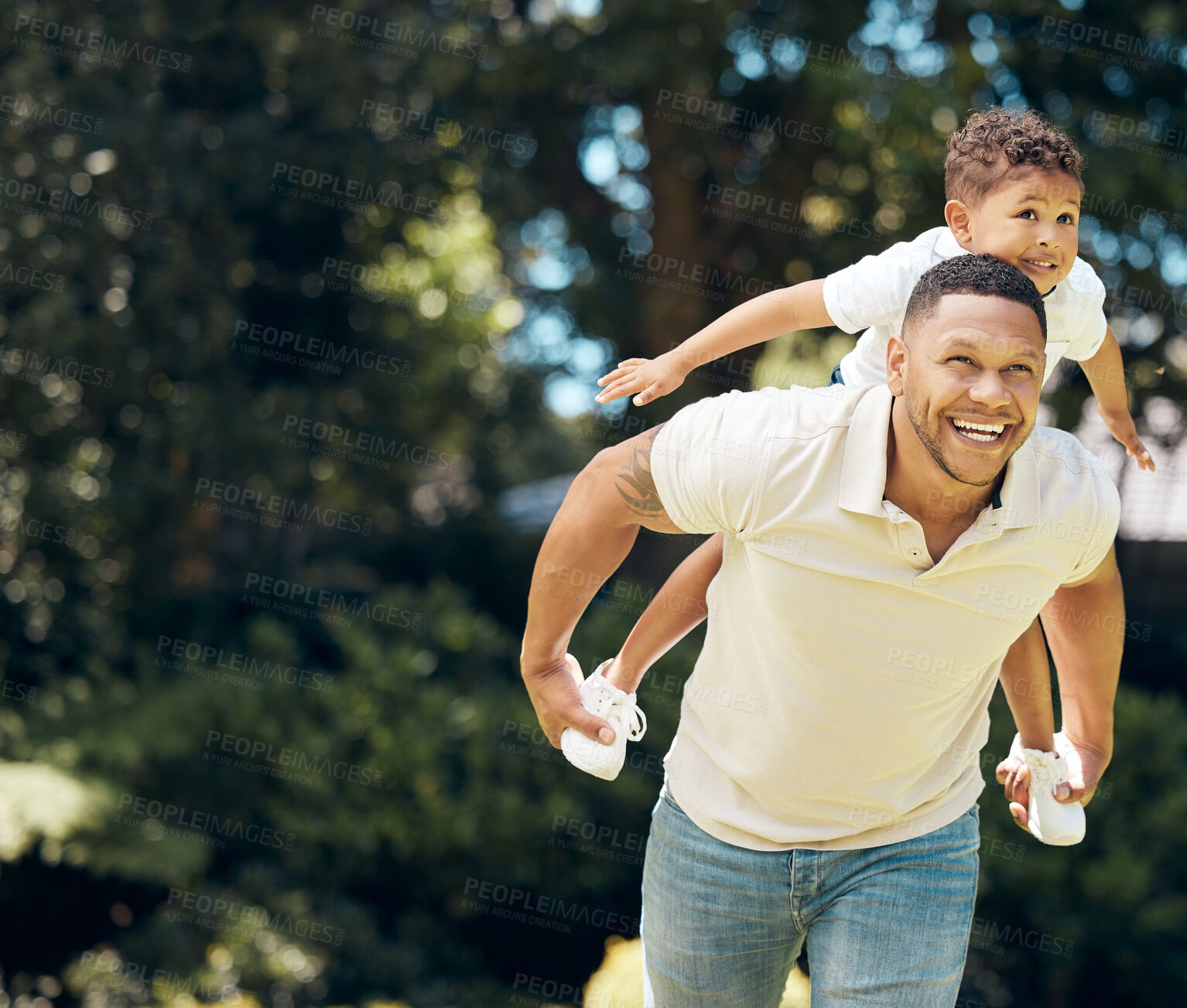 Buy stock photo Father, son and piggyback fun in outdoor, adventure and play in nature for bonding or energy. Daddy, boy and plane game or flying together in backyard, family and carrying kid for happiness in park 