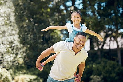Buy stock photo Garden, piggyback and dad playing with his kid in an outdoor green park or backyard. Happy, smile and young man being playful and bonding with his girl child on an adventure in nature on a weekend.