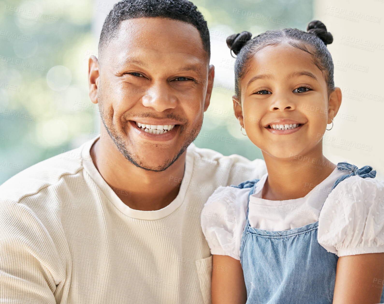 Buy stock photo Girl, father and portrait in home with love, smile and bonding with affection on weekend for safety or security. Dad, kid and care in living room with trust or hug, together and relax with joy.