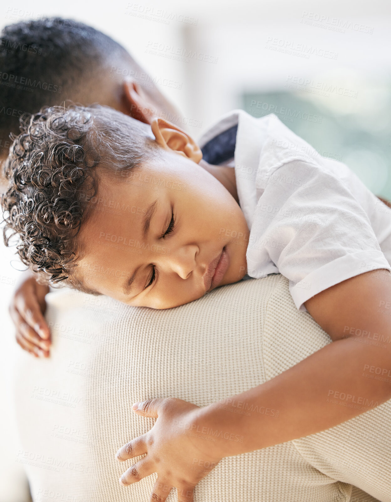 Buy stock photo Father, boy and sleeping hug in home for love, trust and tired child to dream or peace and safety. Daddy, son and embrace for nap or relax, support and exhausted or carry kid for bonding or comfort