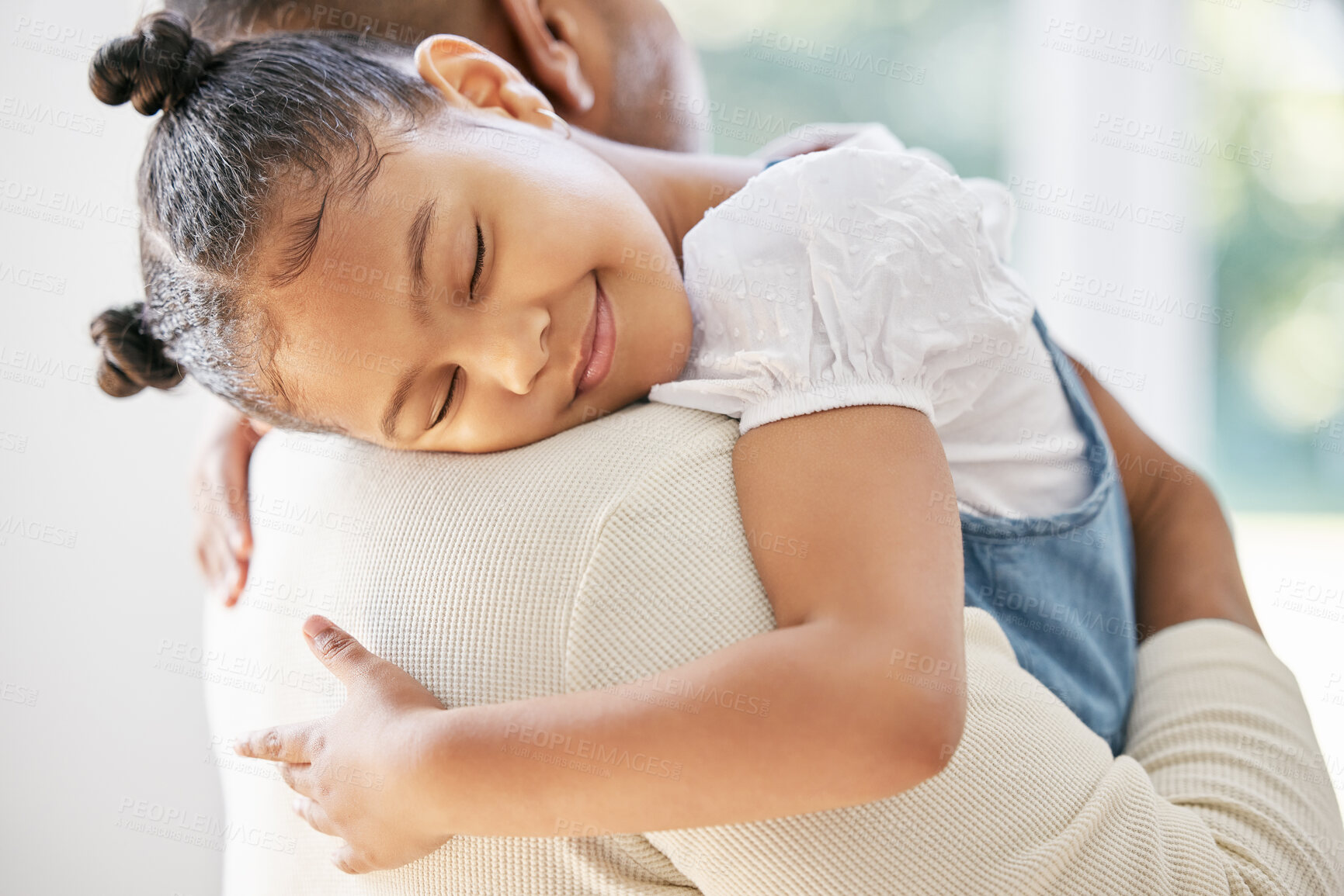 Buy stock photo Father, girl and sleeping hug in home for love, trust and tired child to dream or peace and safety. Daddy, daughter and embrace for nap or relax, support and exhausted kid for bonding or comfortable