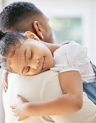 Buy stock photo Home, girl and father with hug, love and sleeping with support, bonding and loving with care. Family, dad or daughter with male parent, female kid or embrace with childhood, rest and peace on weekend