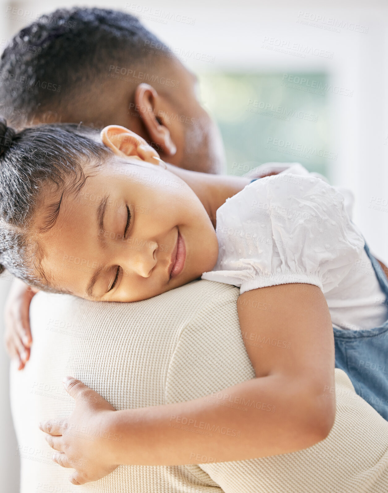 Buy stock photo Home, girl and father with hug, love and sleeping with support, bonding and loving with care. Family, dad or daughter with male parent, female kid or embrace with childhood, rest and peace on weekend