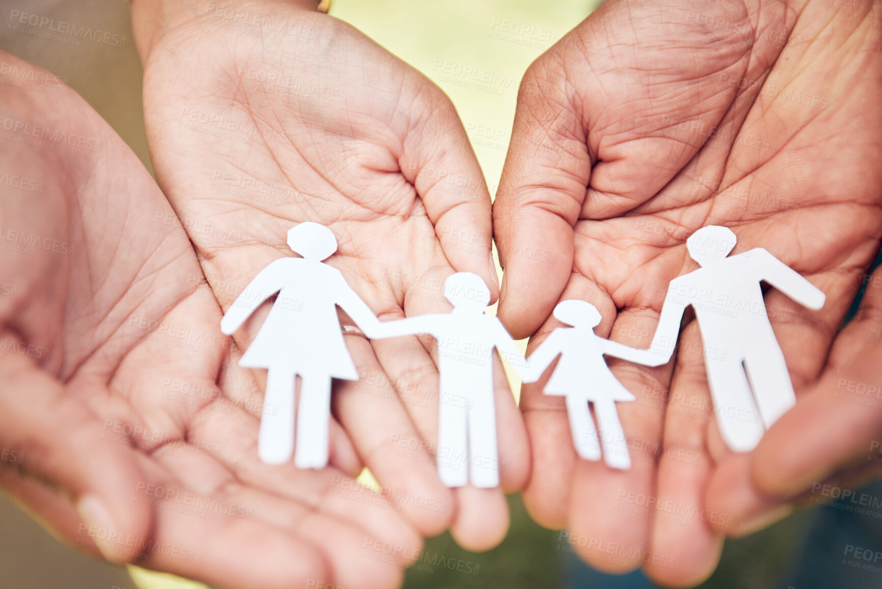 Buy stock photo Hands, icons or closeup with family for insurance or protection, support with security and solidarity. Unity, paper chain or planning with safety for people in future, together with trust and respect