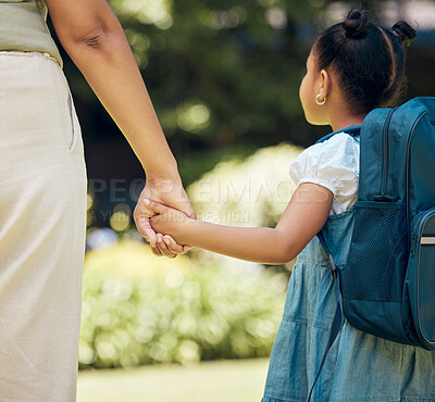 Buy stock photo Holding hands, backpack and girl with mother walking to school together outdoor. Hold hand, mom and student walk, travel and journey to kindergarten with care, safety and security, support or bonding