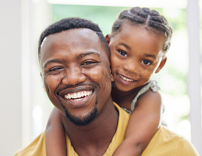 Buy stock photo Portrait, black father and piggyback girl, smile and bonding together in home. Face, ride and African dad with child, kid or daughter, playing and enjoying quality family time, care and love in house