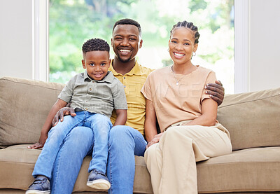 Buy stock photo Portrait, black family and smile on sofa in home, living room or bonding together. Face, children and African father, mother and kid relax on couch in lounge, care and enjoying quality time in house.