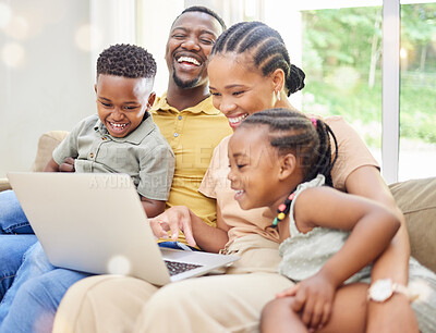 Buy stock photo Black family, laptop or movie with parents and kids bonding on a sofa in the home living room together. Video, trust or love with a mom, dad and children streaming an online subscription service