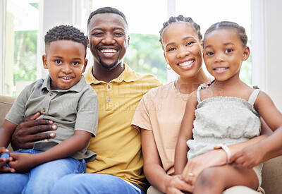 Buy stock photo Portrait, black family and happy in home, living room and bonding together. Face, children and African father, mother and parents relax on couch in lounge, care and enjoying quality time in house.
