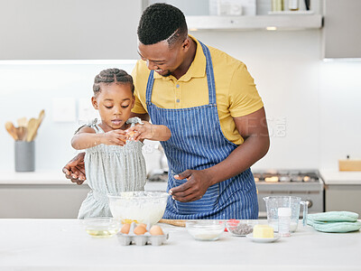 Buy stock photo Child, father or happy family baking together at kitchen counter for help and love. Black man or dad and girl kid in house to learn about cooking food, dessert and pancakes with eggs for development
